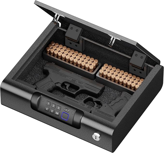 BILLCONCH Large Gun Safe Biometric Fingerprint Handgun Pistol Safes | Fingerprint PIN Key Unlock, Interior Light and USB Charging Lock box with Silent Mode for Bedroom Nightstand by BILLCONCHSmartGunSafes