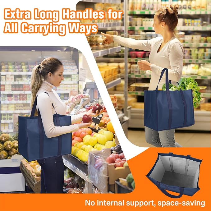 WISELIFE Reusable Grocery Bags, Foldable, Lasting Use, 35L, 3 Pack, Blue | Large Shopping Bags with Reinforced Stitching, Water-Resistant Grocery Totes for Kitchen, Market, Car Trunk, Picnic - Image 3