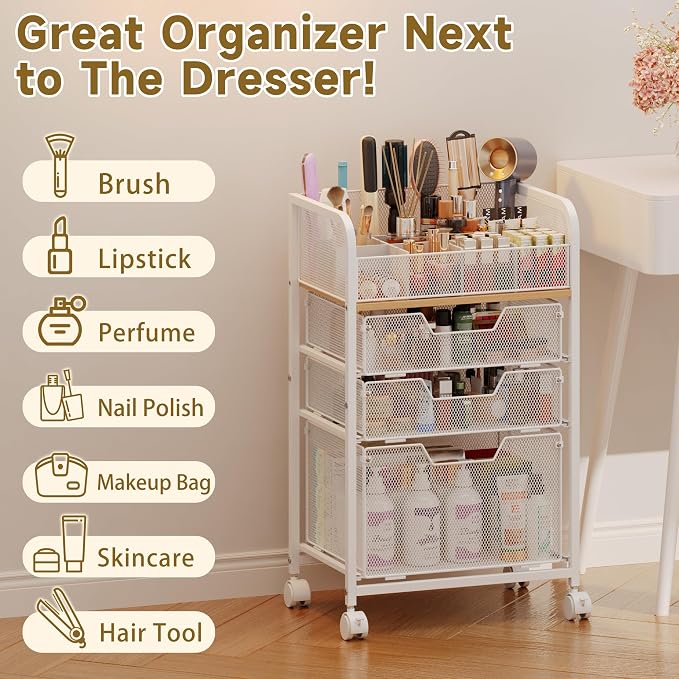Jakyitvi Makeup Cart Organizer with 3 Drawers, Under Desk Storage Drawers,Floor Skincare & Makeup Organizer, Vanity Storage for Cosmetics, Nail Polish, Perfume, Makeup Brushes, Hair Tools, White - Image 8