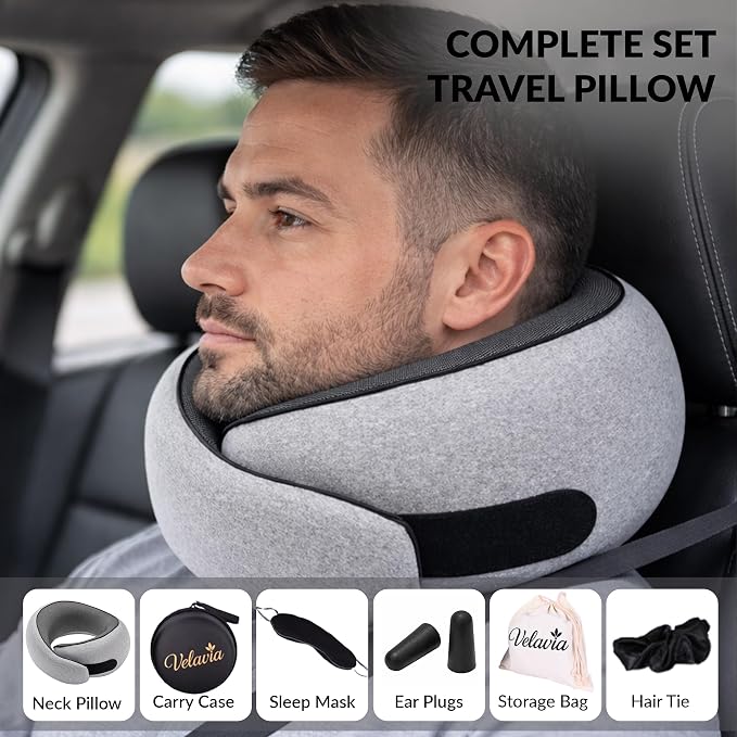 Travel Neck Pillow,Ergonomic 360° Memory Foam Support for Head, Neck. Adjustable for Long Flights. Soft &Washable Cover, EVA Box, 3D Eye Mask, Earplugs, Hair Tie & Luxury Bag (Grey) - Image 3