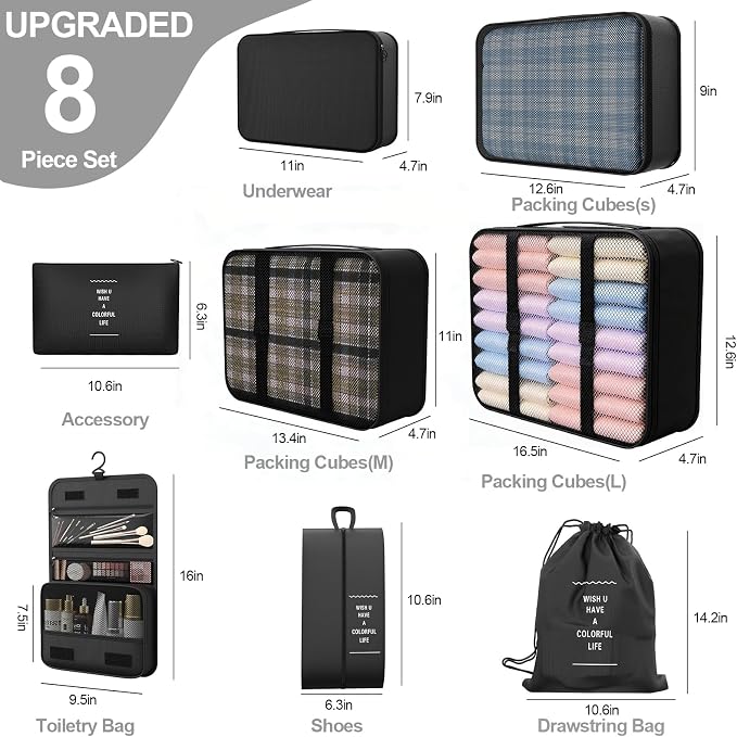 8 Set Packing Cubes for Travel,Suitcase Organizer Bags for Luggage with Shoe & Hanging Toiletry Bag, Vacation Essentials & Accessories for Cruise Ship, Airplane Must-Have,Road Trip & Camp Gifts(Black) - Image 2