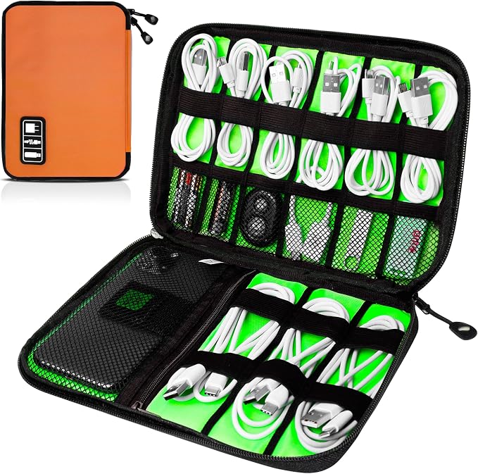 Cord Organizer Travel, Electronics Organizer Tech Pouch - Portable Cable Organizer Bag for Cords, Charger, Phone, SD Card, Power Bank for Travel & Daily Use -Orange Green by Unknown