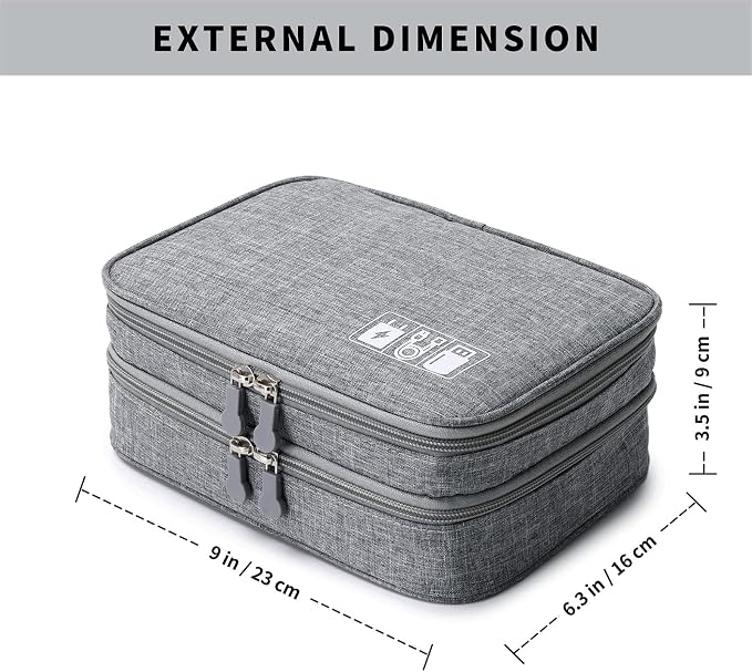 mygreen Electronic Accessories Organizer Bag, Waterproof Double Layer Travel Storage Case with Adjustable Padded Dividers, Portable Hard Pouch for Cables, Charger, Power Bank, Phone, Hard Drive Gray - Image 2