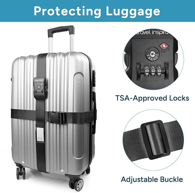Travel Inspira Anti-Theft Suitcase Belt with TSA Lock | Heavy-Duty Nylon; TSA-Approved Lock with Tag; Adjustable 103-200cm; Secure Black Strap; 20-28 Inch Bags - Image 3