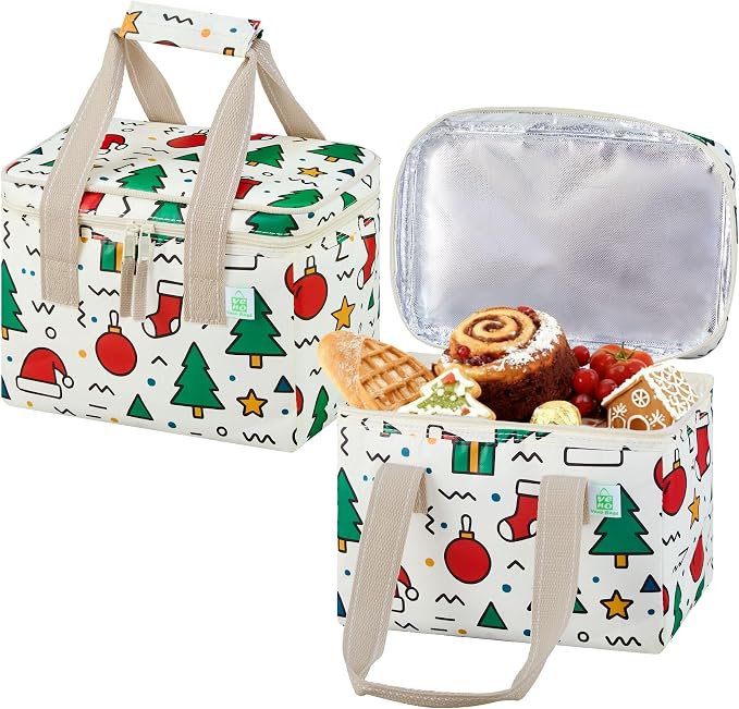 VENO 2 Pack Small Cooler Insulated Lunch Bag Reusable Grocery Shopping Bag | Collapsible Lunch Box Tote for Women Men w/ Handles, Dual Zippers, 9L Capacity for Work Office Picnic Beach (Jingle Mix) by Veno