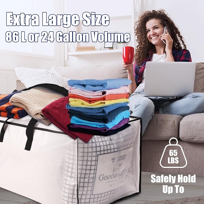 SWEET DOLPHIN 12 Pack Extra Large Moving Bags with Strong Zippers & Carrying Handles, Heavy Duty Storage Tote for Space Saving Moving Storage, Fold Flat, Alternative to Moving Box, Semi-Transparent - Image 7