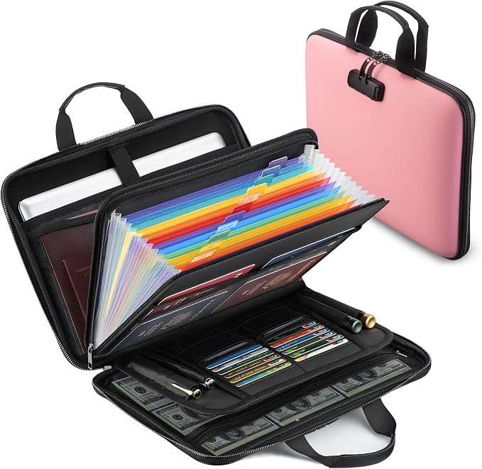 facka Fireproof Document Box with Lock, Hard-Shell Safe File Organizer | 13-Pocket Accordion Folder for Important & Legal Documents, Laptop, Passport, Cards & Valuables, Home Office Travel Pink by Facka