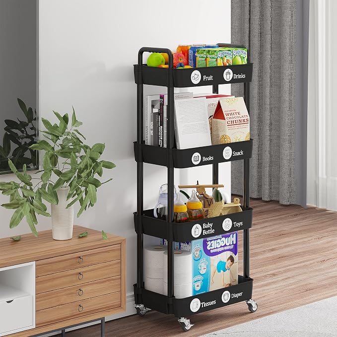 Laiensia 4-Tier Rolling Cart with Wheels,Multifunction Utility Storage Carts, Kitchen Storage Organizer,Mobile Shelving Unit for Bathroom,Laundry,with Classified Stickers,Black - Image 6