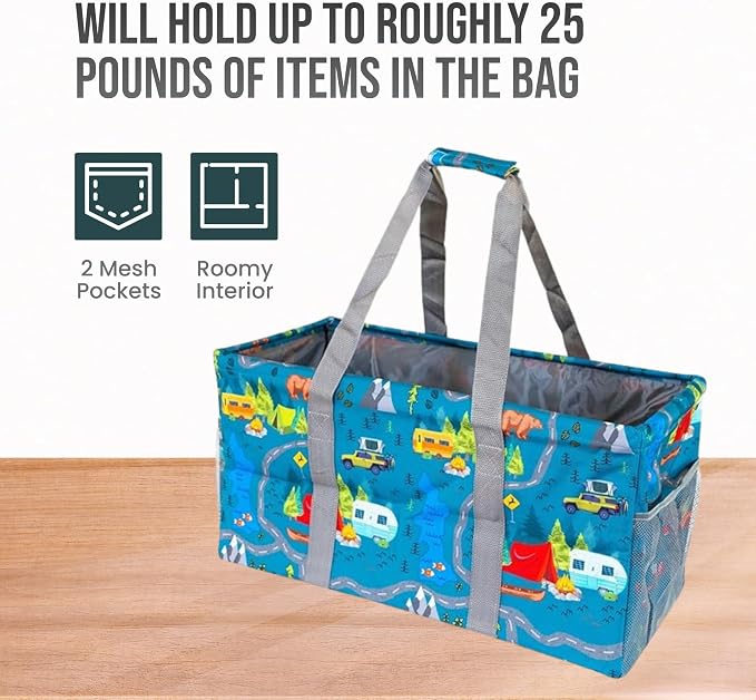 Extra Large Utility Tote Bag - Oversized Collapsible Reusable Wire Frame Rectangular Canvas Basket With Two Exterior Pockets For Beach, Pool, Laundry, Car Trunk, Storage - Camping - Image 5