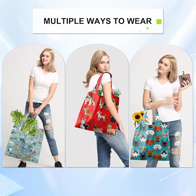 BeeGreen Dog Reusable Shopping Bags Cute Grocery Bag 6 Pack, Christmas Gift Bags Heavy-Duty Foldable Shopping Totes for Supermarket, Work & Travel, Large Washable Polyester Tote Bag with Handles - Image 6