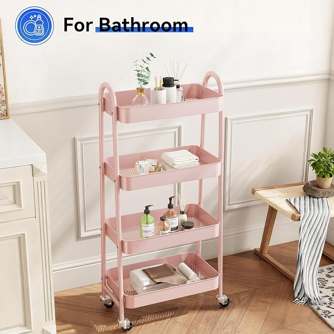 NEWBULIG 4-Shelf Metal Rolling Storage Utility Cart with Lockable Wheels | Mobile Organizer Shelf, Space-Saving, Freestanding, Bathroom, Living Room, Slim, Narrow Corner Spaces, Pink - Image 5