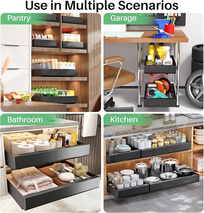 2 Pack Pull out Cabinet Organizer, Expandable(12"-20") Heavy Duty Slide out Drawer Fixed with Adhesive Nano Film for Pots, Roll out Shelf Storage for Kitchen Organization, Pantry, Bathroom(Black) - Image 9