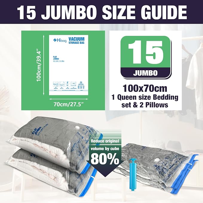 15 Jumbo Vacuum Storage Bags for Bedding, Vacuum Seal Bags for Clothing | Extra Large XL, Airtight Triple Seal, Save 80% Space, Hand Pump, Work with Vacuum, Double Zip, Reusable, Easy to Use - Image 2