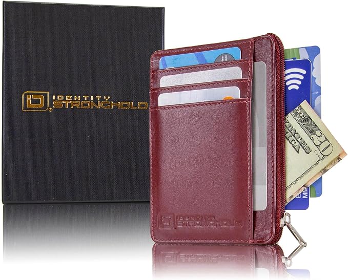 ID STRONGHOLD RFID Front Pocket Wallet Mini Minimalist Wallet Slim Wallet Genuine Leather with Zipper , Red , Small - Image 7