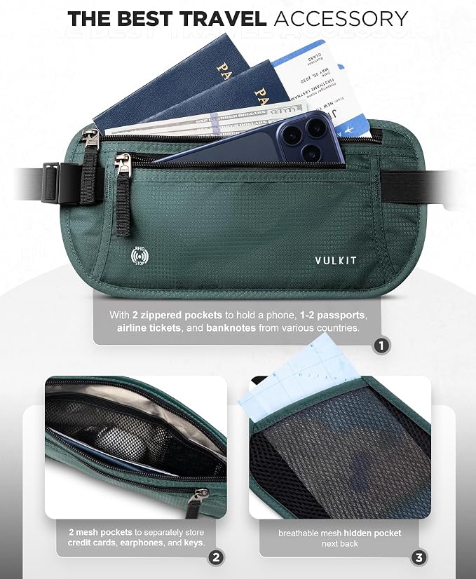 VULKIT Money Belt for Travel, Hidden Passport Holder, Anti-Theft Travel Wallet Under Clothes, RFID Blocking Waist Pouch, Undercover Fanny Pack, Deep Teal - Image 3