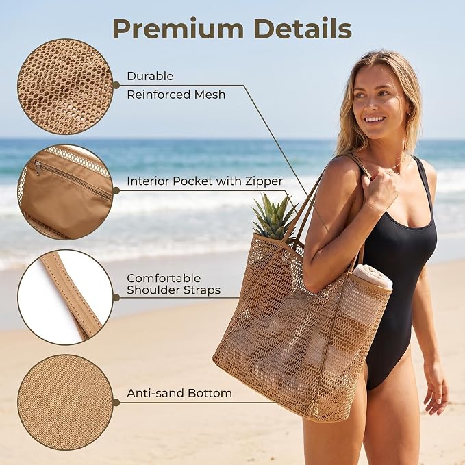 Mesh Beach Tote Bag for Women, Sandproof Quick Dry Foldable Travel Bag - Image 3