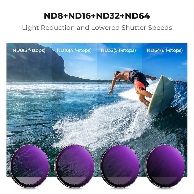 K&F CONCEPT Push-in ND Filter Kit for DJI Osmo Action 5 Pro | ND8 ND16 ND32 ND64 4 Pack Light Reduction Exposure Control Optical Glass Multi-Coated for Osmo Action 3/4, FD131 - Image 3