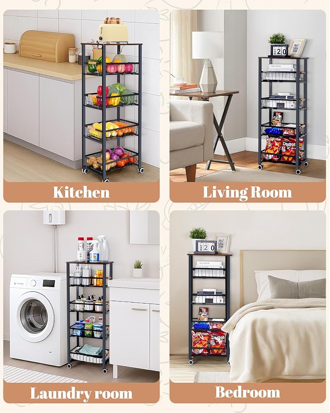 Mythinglogic 5-Tier Rolling Fruit Vegetable Storage Cart with Pull-Out Baskets, Metal Kitchen Organizer, Heavy Duty Utility Rack with Wheels for Pantry, Living Room, Kitchen - Image 7