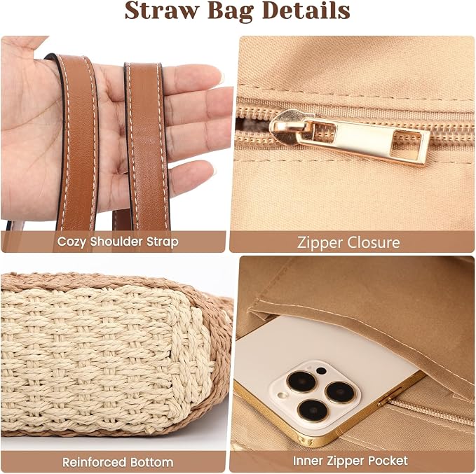 Tavaleu Straw Beach Bags for Women Tote Handbag Shoulder Hobo Bucket Bag | Lightweight, Foldable, PU Straps, Magnetic Closure, Zip Pocket, Reinforced Bottom, Summer Purse, Travel, Vacation, Daily Use - Image 5