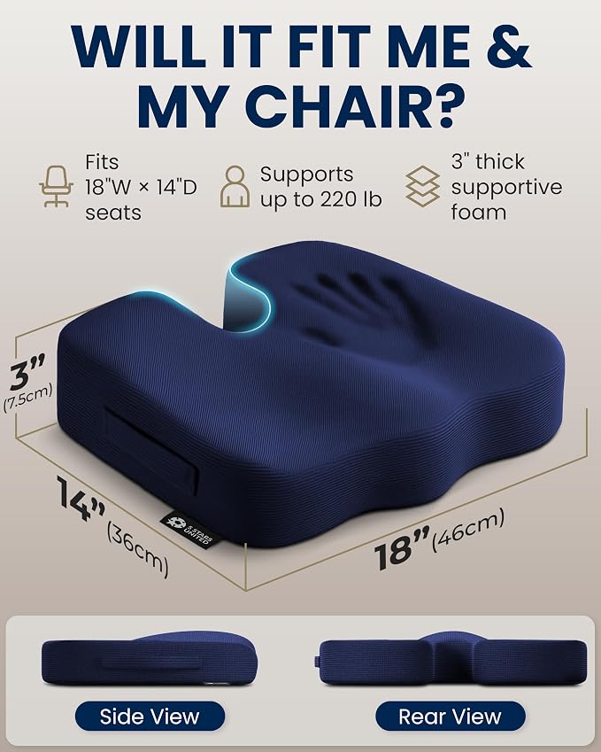 5 STARS UNITED Seat Cushion - Memory Foam Chair Cushion for Tailbone Pain Relief - Ergonomic Support for Coccyx, Sciatica & Butt - Office, Desk & Gaming Chair, Car Seat, Wheelchair, Airplane, Blue - Image 5