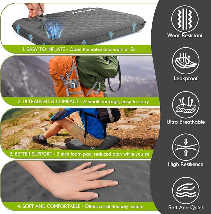 Inflatable Seat Cushion, Self-Inflating Memory Foam Stadium Seats Cushion Lightweight & Compact Chair Sitting Pad Airplane Cushion for Long Flight Travel Outdoor Camping Car Bleachers Office - Image 6