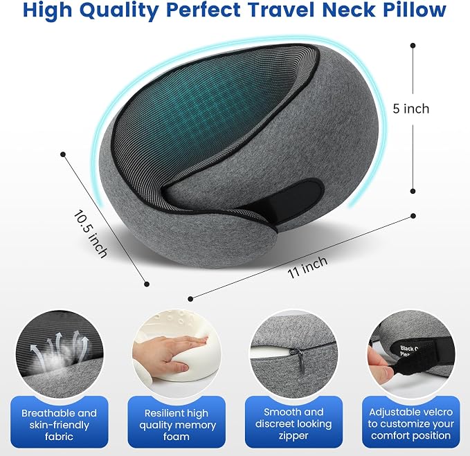 Travel Pillow Memory Foam Neck Pillow for Airplanes Long Flight Comfort 360° Support Airplane Pillow Design for Car Rides, and Home Use Travel Essentials, with Eye Mask, Earplugs and Storage Bag Large - Image 8