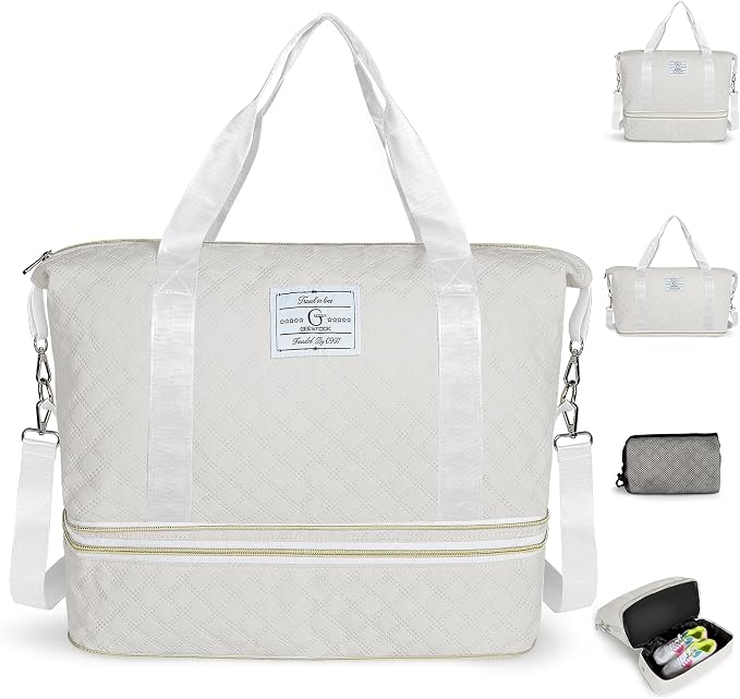 Geestock Travel Duffle Bag - Weekender Overnight Bags for Women, White | Travel Bag with Expandable Shoe Compartment & Trolley Sleeve, Lightweight Carry On Bag with Drawstring Storage Pouch for Trip by Geestock