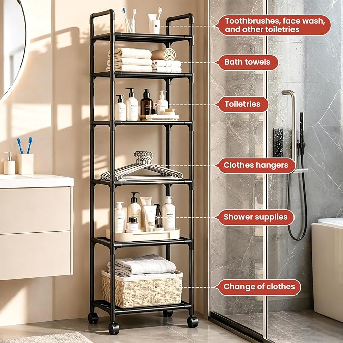 GOESWELL Storage Cart 6 Tier Slim Rolling Utility with Wheels for Bathroom | Storage Cart For Bathroom 6 Tier Slim Rolling Utility With 2 Lockable Casters Narrow Metal Shelving Unit - Image 5