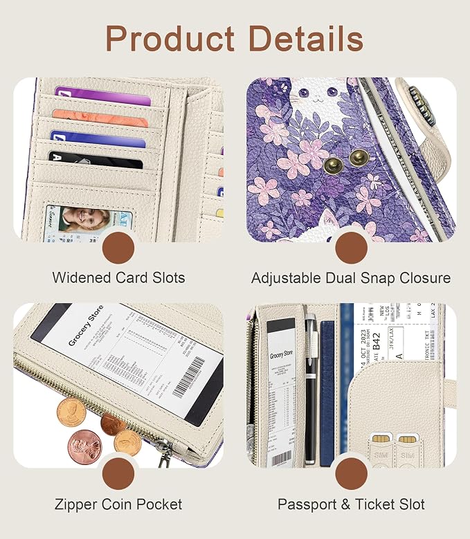White Cat Wallet Women RFID, Passport Holder, Credit Card Holder | 6.7" x 4.4" x 1.3" Bifold, Travel billfold, Zipper Pocket, PU Leather, Clutch, Purse, ID Window, Pen Holder, Gift Ladies Girl - Image 6