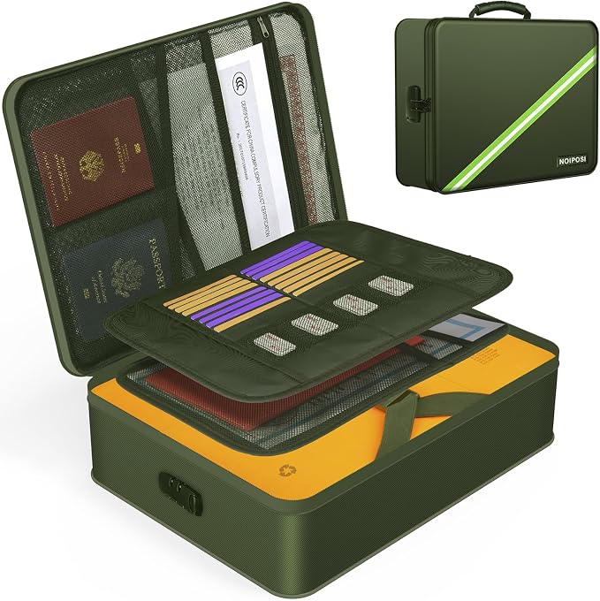 5200℉ Fireproof Document Box with Lock 8 Layers Water Resistant | Home ,Travel ,Strong, Fireproof Safe Storage Document Storage Organizer for Important Documents and File,Green by Noiposi