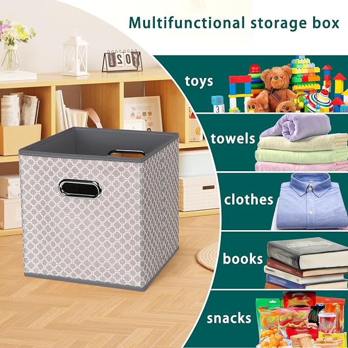 Fabric storage bins Cubes, Fabric Cube Organizer with Handle, Foldable Cube Bins for Cloth or Accessary Storage, 11x11x11, Set of 3, (Light Grey) - Image 3