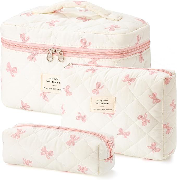 HBselect Quilted Makeup Bag, 3Pcs Cotton Large Travel Makeup Bags Organizer | Cute Floral Make up Bag Cosmetic Bag Toiletry Bag for Women Girls, Makeup Pouch for Skincare, Brushes & Travel Essentials by HBselect