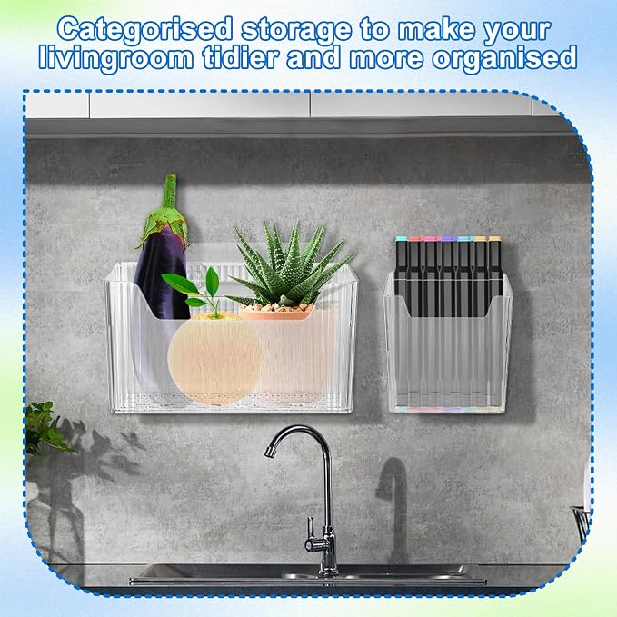 8 Pcs Storage Organizer Bins - Wall Mounted Basket in 2 Sizes, Clear Cabinet Door Stackable Adhesive Hanging Bin for Bathroom, Kitchen, Pantry - Image 5