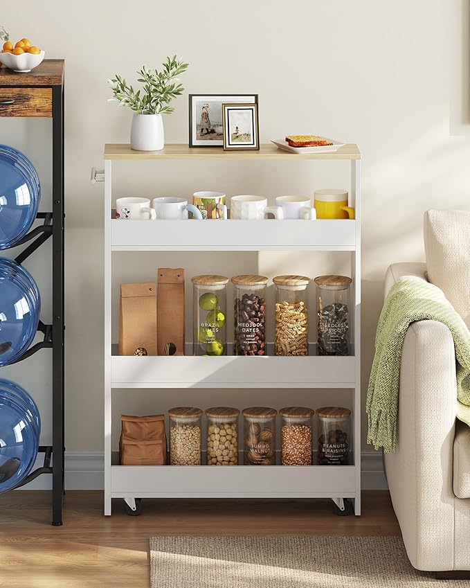 Slim Storage Cart with Wheels, 5.5" Narrow 4-Tier Rolling Cart, Multi-Purpose Utility Cart for Kitchen, Bathroom, Laundry Room, Living Room, White and Natural MTC02WN - Image 3