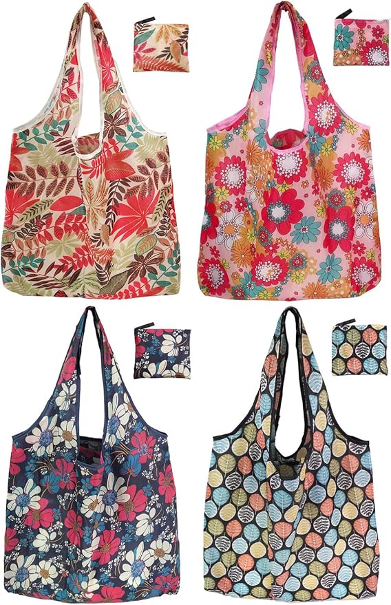 Cute Reusable Grocery Bags, 4 Pack (50Lbs Capacity) - Foldable & Washable Market Totes, Bulk Cloth Bags for Shopping, Travel, Storage, or as Reusable Gift Bags for Women by NewOpportunityInLivingKindly