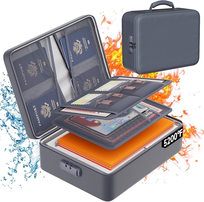 DocSafe 5200°F Fireproof Document Organizer Box with Lock, Gray (Soft) | Heat Insulated 8 Layers File Protection Bag,Water-Resistant Zipper,Portable Home Office Travel Safe Storage for Files,Laptop by DocSafe