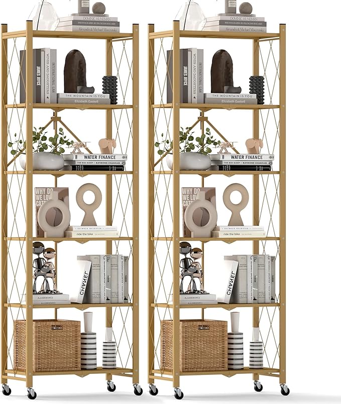DEANIC 6-Shelf Folding Bookcase with Wheels, Heavy Duty Storage Shelves, Freestanding Metal Wire Shelving Unit for Living Room, Office, Kitchen, Basement, Pantry (Gold 2 Pack) by ShowNow