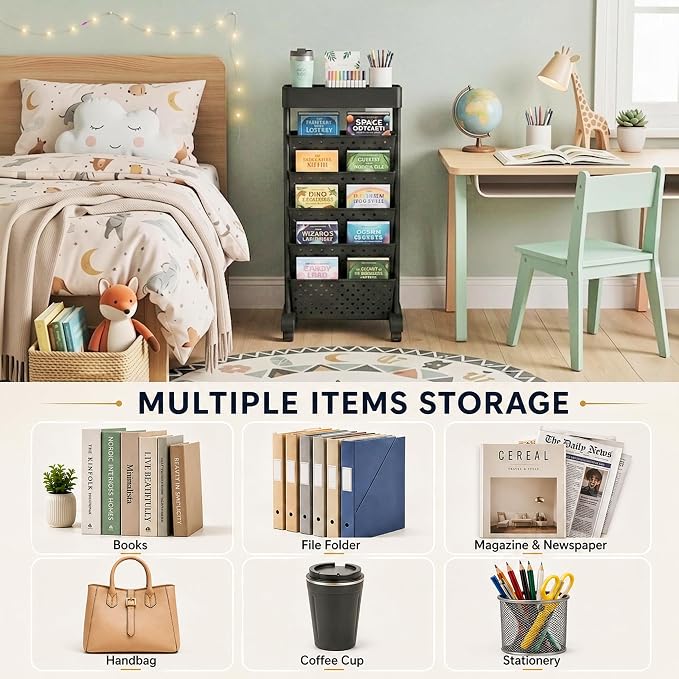 BYFU 6-Tier Rolling Bookshelf Cart, Black | Movable with Wheels, File Paper Storage Organizer, For Home Office Study Classroom - Image 4