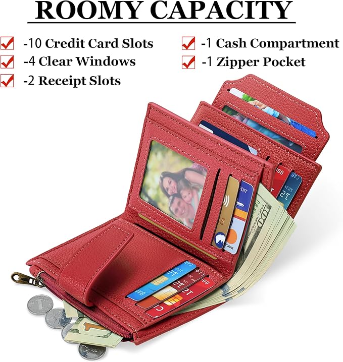 Small Wallet Women RFID Blocking Leather Bifold Compact Card Holder Wallet for Women with Zipper Coin Pocket 4 ID Window - Image 2