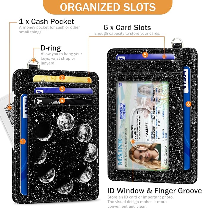 Yonlevres Moon Lunar Credit Card Holder Slim RFID Wallet Women Small Travel | Front Pocket, Handy, RFID Blocking, Woman Girls Ladies Gifts, D-ring for Keychain,Thin Mini Card Case, ID Window, PU Leather - Image 4