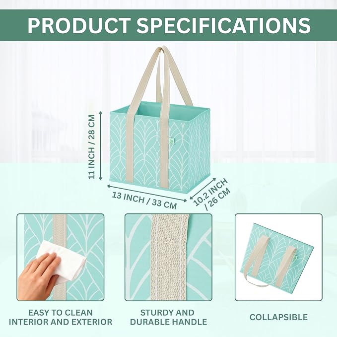 VENO 3 Pack Heavy Duty Reusable Grocery Shopping Bags Utility Tote | Water Resistant, Storage Box with Sturdy Handles & Hard Bottom, Foldable for Groceries Shopping Cart(Evergreen, 6 Gallon) - Image 2