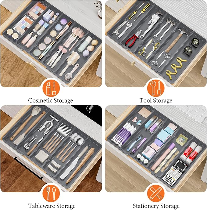 Large Expandable Silverware Drawer Organizer, Utensil Tray | Kitchen Drawer Organizer for Spoons/Forks/Knives, Multipurpose & BPA Free Cutlery Tray(2 Pack, Gray) - Image 7