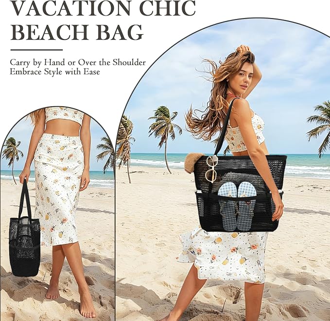 Fammart Mesh Beach Bag for Women, Summer Straw Tote Hobo Pool Bags with Zipper Pocket, Travel Vacation Cruise Essentials 2026 - Image 3