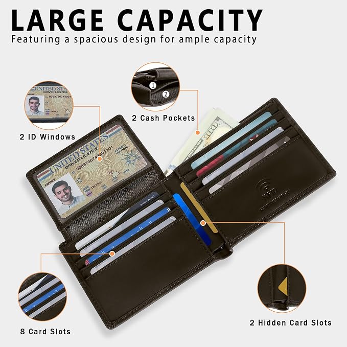 Travelambo Genuine Leather Wallet for Men with Gift Box - Handmade Bifold Stylish - Mens Wallets Rfid Blocking with 2 ID Windows - Image 4