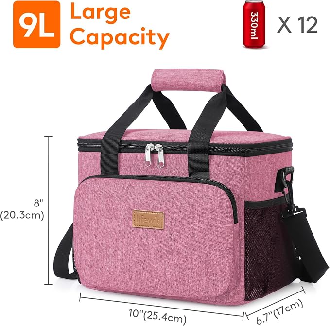 Lifewit Medium Lunch Bag, Insulated Lunch Box, Soft Cooler Cooling Tote for Adult Men Women, Pink 12-Can (9L) - Image 3