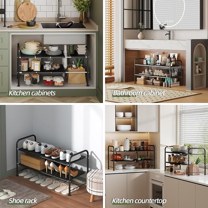 Under Sink Organizers and Storage,Expandable under cabinet organizer Shelf | 2 tier expandable shelf for kitchen and bathroom,8 Removable Carbon Steel Panels,27.36-36.02" W x 12.28" D x 16.93" H - Image 4