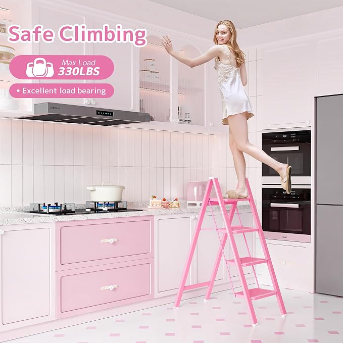 4 Step Ladder, Foldable Step Stool with Widened Pedal, Pink | Sturdy Carbon Steel, Anti-Slip Feet, Portable, 330LBS Capacity, Space Saving, for Kitchen, Bedroom, Pantry Use - Image 2