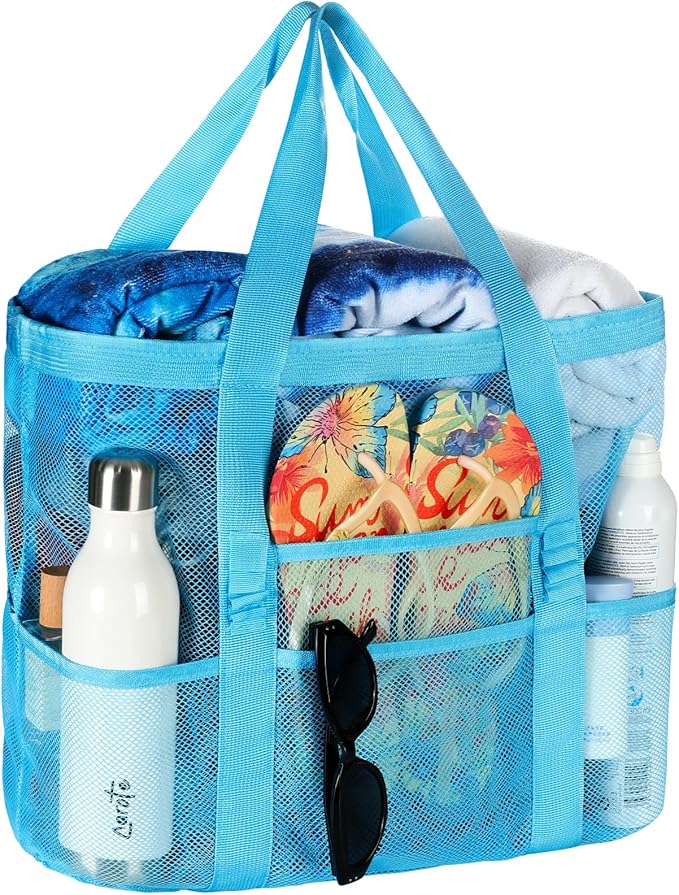 Tavaleu Mesh Beach Bag, Large Capacity Beach Tote, Multi Pockets, Sandproof | Mesh Material, Multiple Storage Pockets, Lightweight & Foldable Design, For Beach & Pool Use, Easy to Clean & Quick Dry by Tavaleu