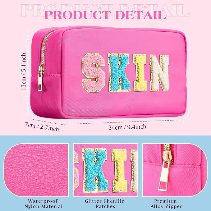 Preppy Makeup Bags Chenille Letter Stuff Bag Nylon Cosmetic Pouch Cases with Zipper for Women Travel Toiletry(Cute Color,Vivid,4 Pcs) - Image 4