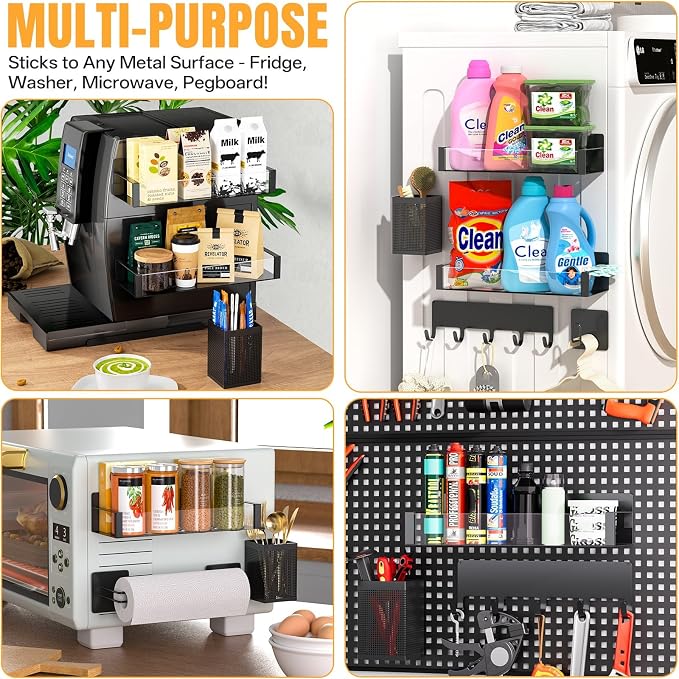 DTUQYX Magnetic Spice Rack for Refrigerator, 8 Pack Clear Acrylic Front Metal Magnetic Shelves with Magnet Hooks Rack, Utensil Caddy & Adjustable Paper Towel Holder, No Drill Kitchen Storage Organizer - Image 7